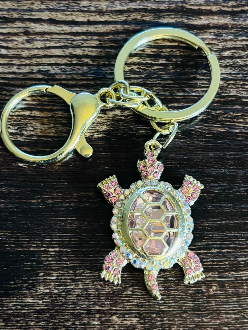 Gold‎ Tone Turtle Keychain with Pink Crystal Rhinestones